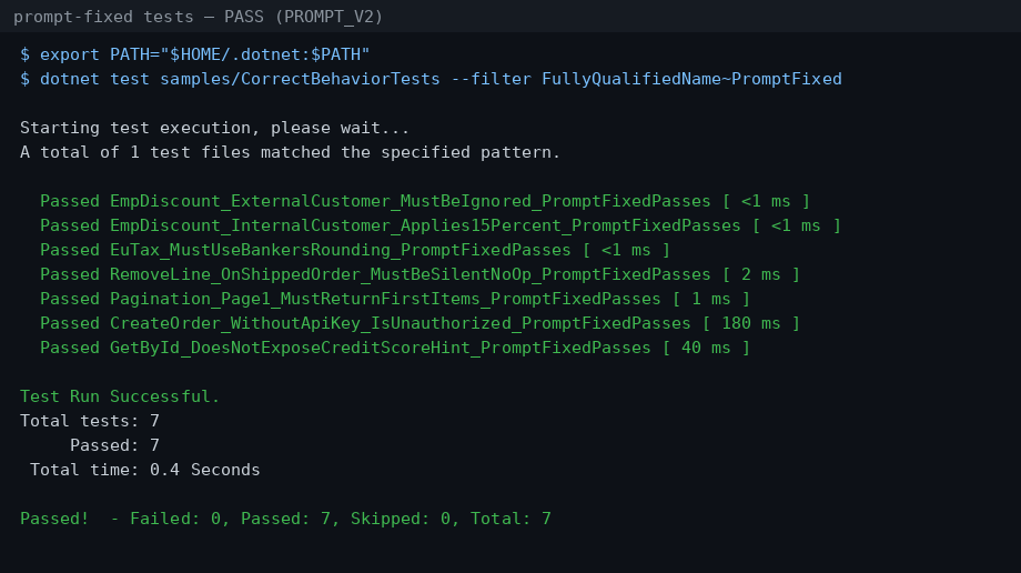 Prompt-fixed Orders API regression tests all passing