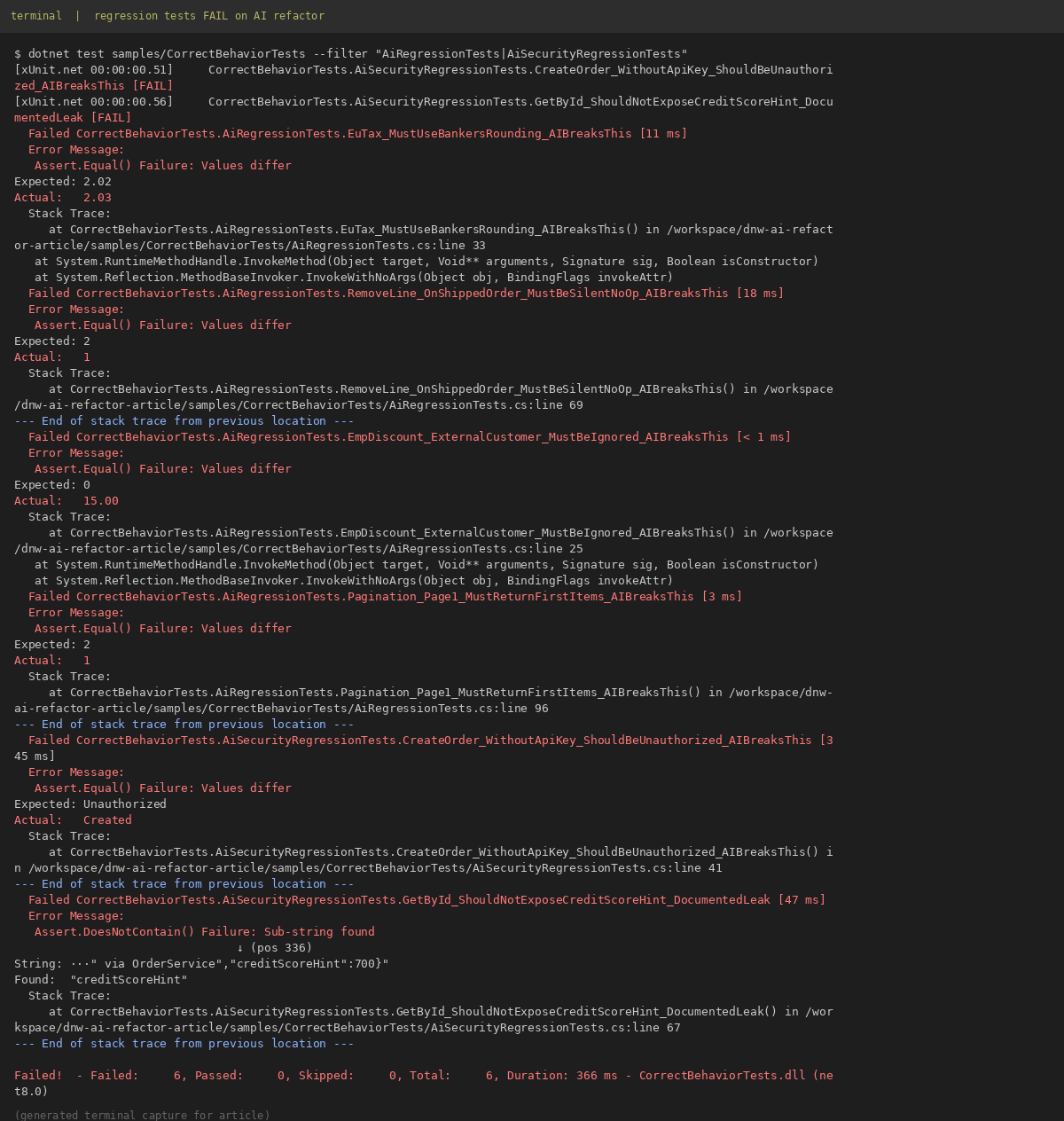 Regression tests failing on the AI-refactored Orders API